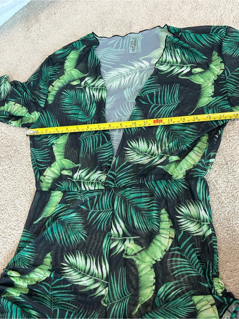 Tropical Palm Leaf Sheer deep plunge Romper Cover-Up Long Sleeve Black Green M - Picture 13 of 16